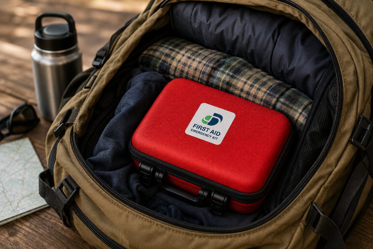 Kit de primeros auxilios empacado dentro de una mochila para viaje y actividades al aire libre