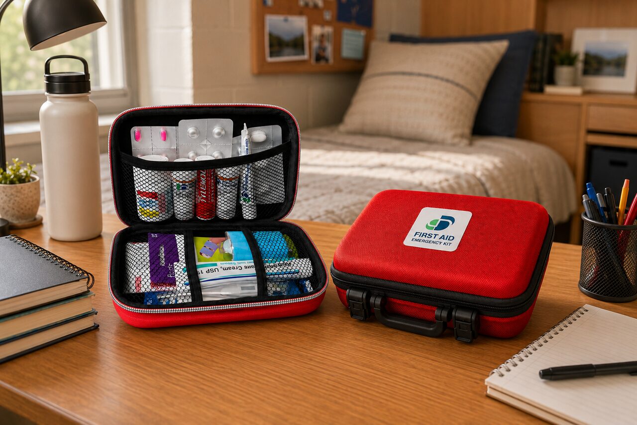 College emergency kit open on a dorm desk