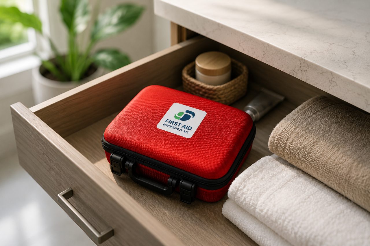 Medical emergency kit stored in a bathroom drawer beside folded towels