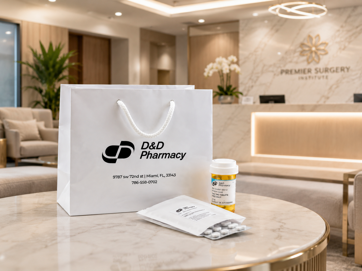A branded D&D Pharmacy bag with recovery medications at a Miami surgery center